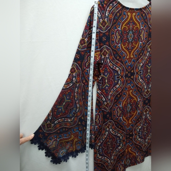 Women's MSK Bohemian Blue Paisley Bell Sleeve V-neck Dress Sz LG - Picture 8 of 9